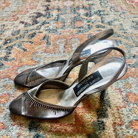 STUART WEITZMAN Vintage Silver Leather Crystals Mesh Slingback Pumps Heels 7N - Picture 4 of 16
